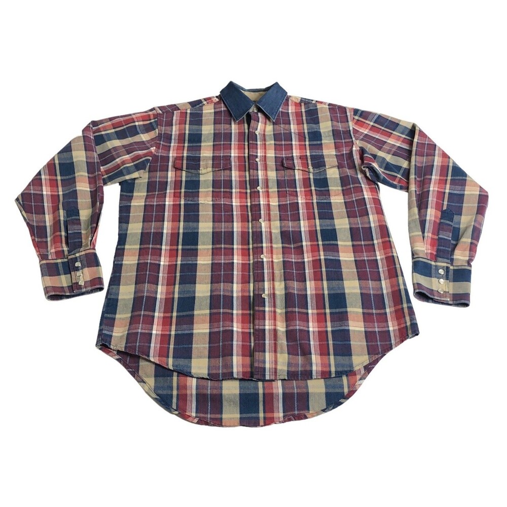 Vintage 90s Wrangler Pearl Snap Shirt Mens XL Plaid Cotton Western Cowboy‎ Rodeo - Picture 2 of 15